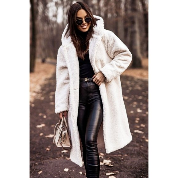 1 DAY SALE! Long Sleeve Hoodie Hooded Long Maxi Borg Teddy Bear Fur Coat - Picture 8 of 15